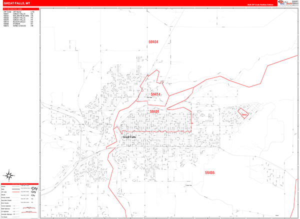 Great Falls City Wall Map Red Line Style